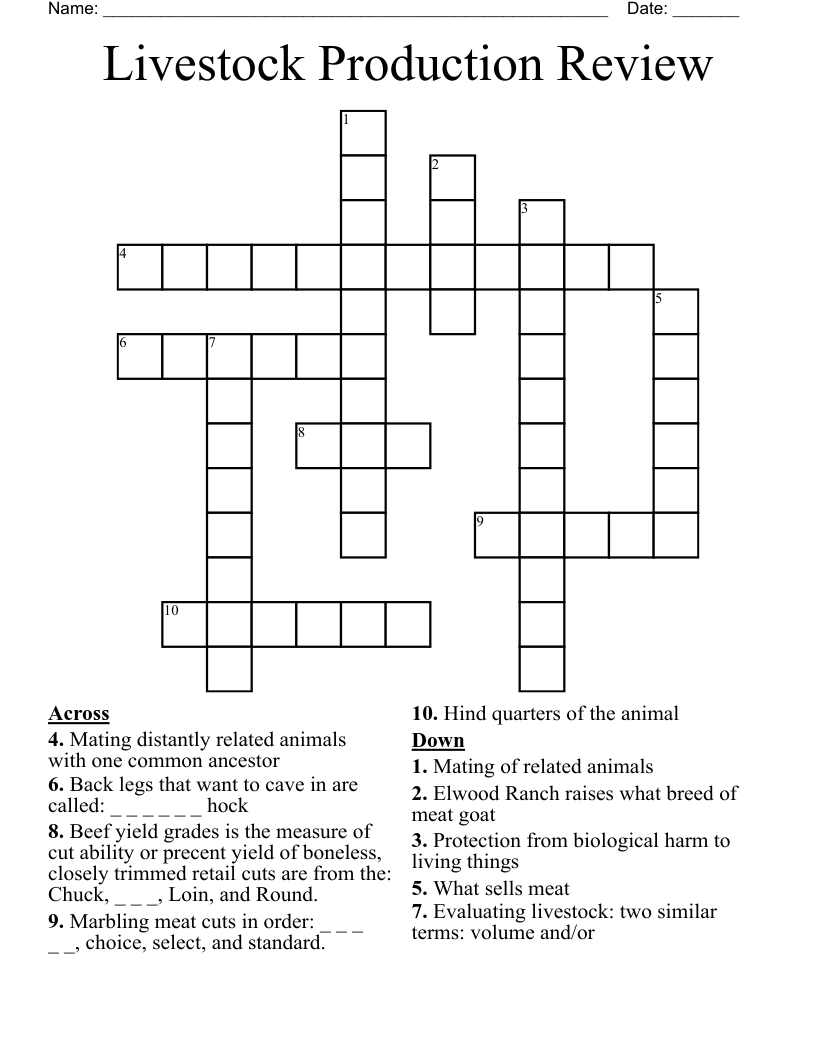 Livestock Production Review Crossword