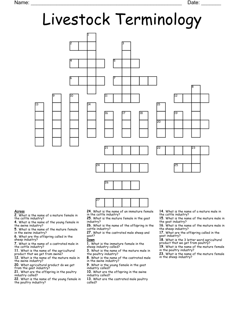 Livestock Terminology Crossword