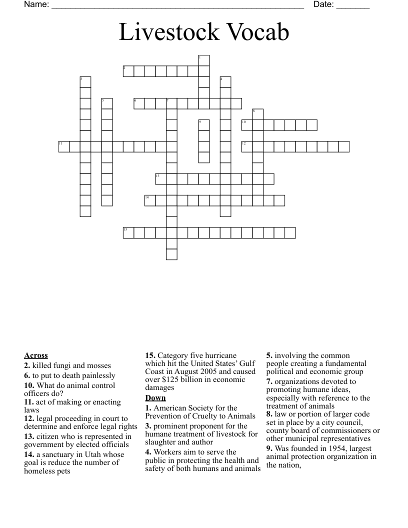 Livestock Vocab Crossword