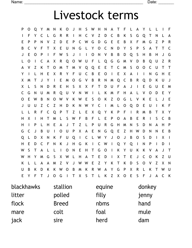 Livestock terms Word Search