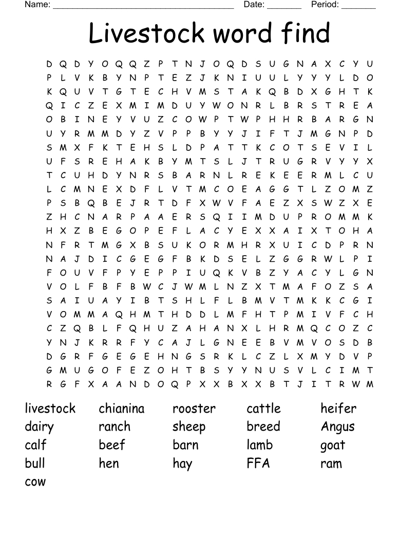Livestock word find Word Search