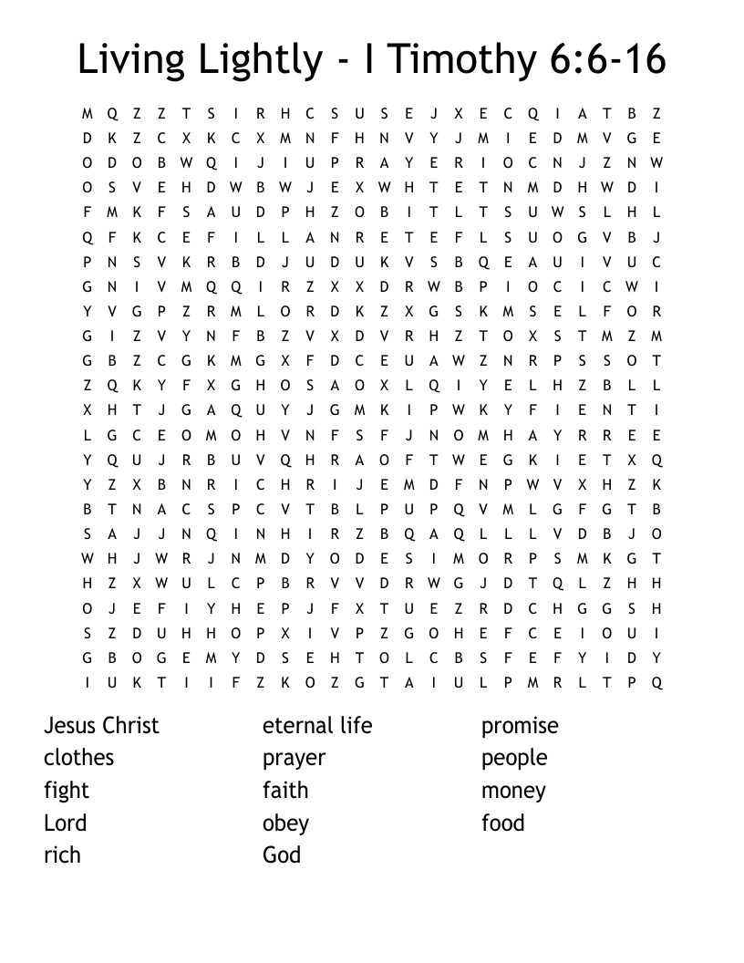 Living Lightly - I Timothy 6:6-16 Word Search