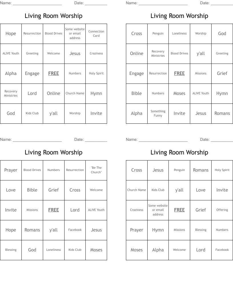 Living Room Worship Bingo Cards