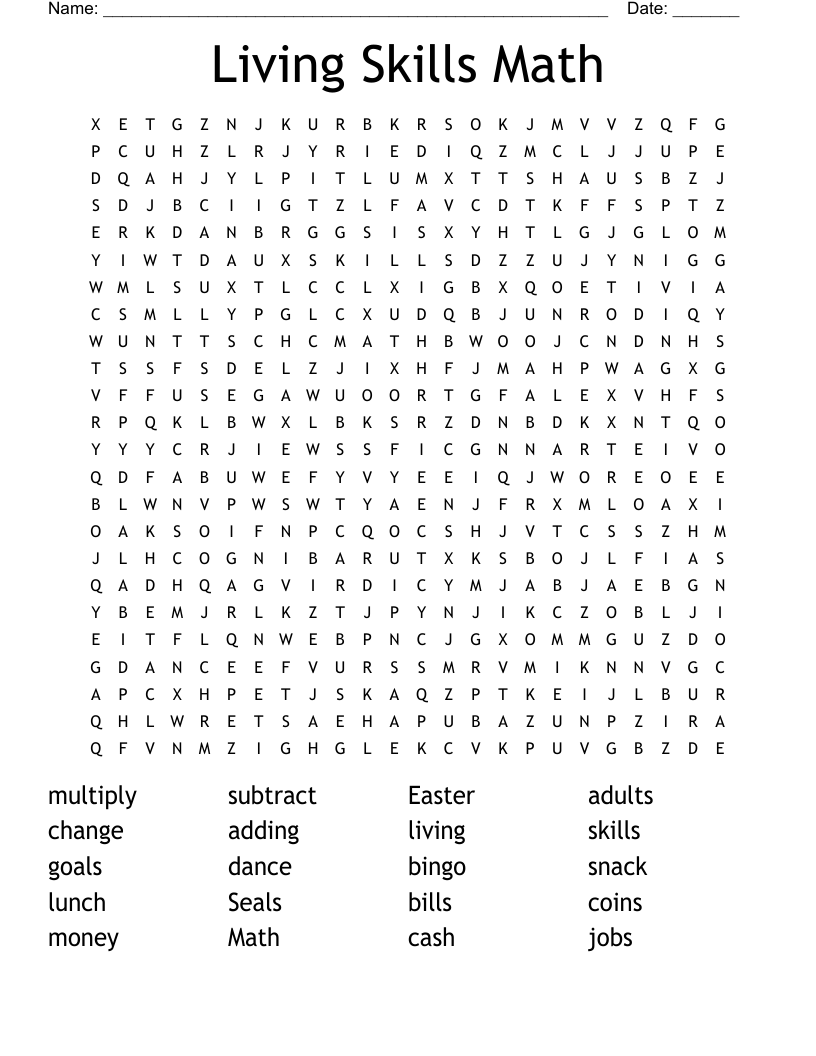 Living Skills Math  Word Search