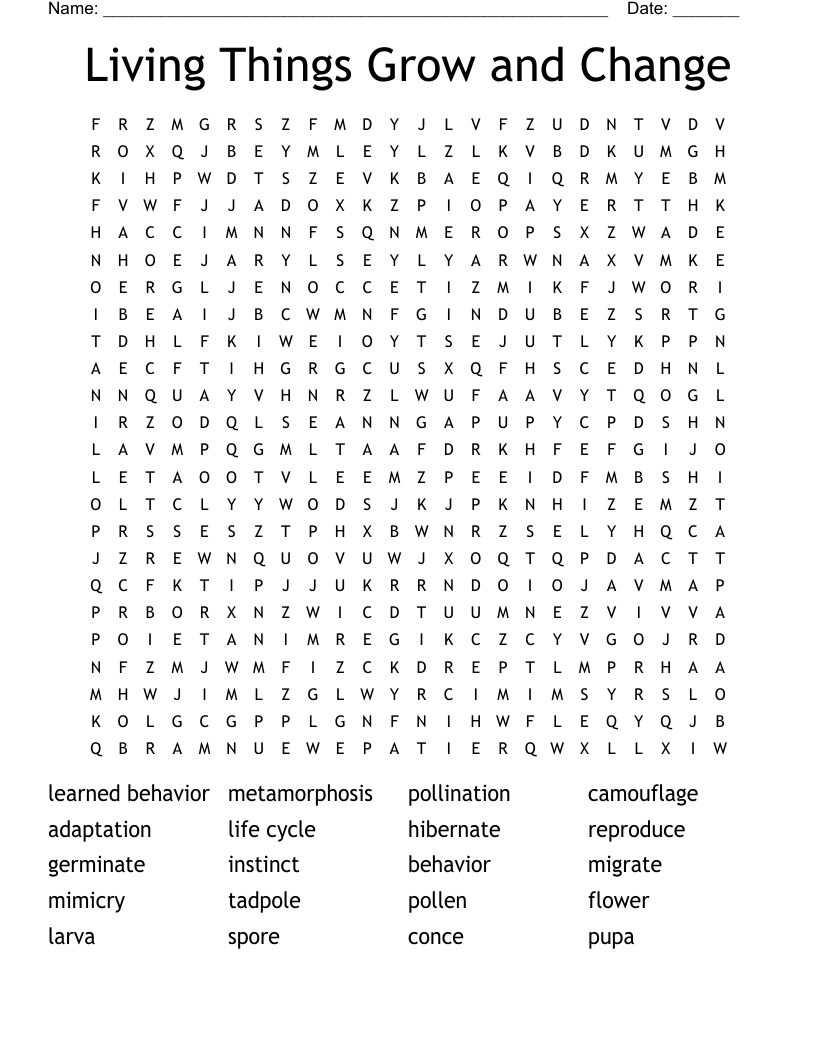 Living Things Grow and Change Word Search