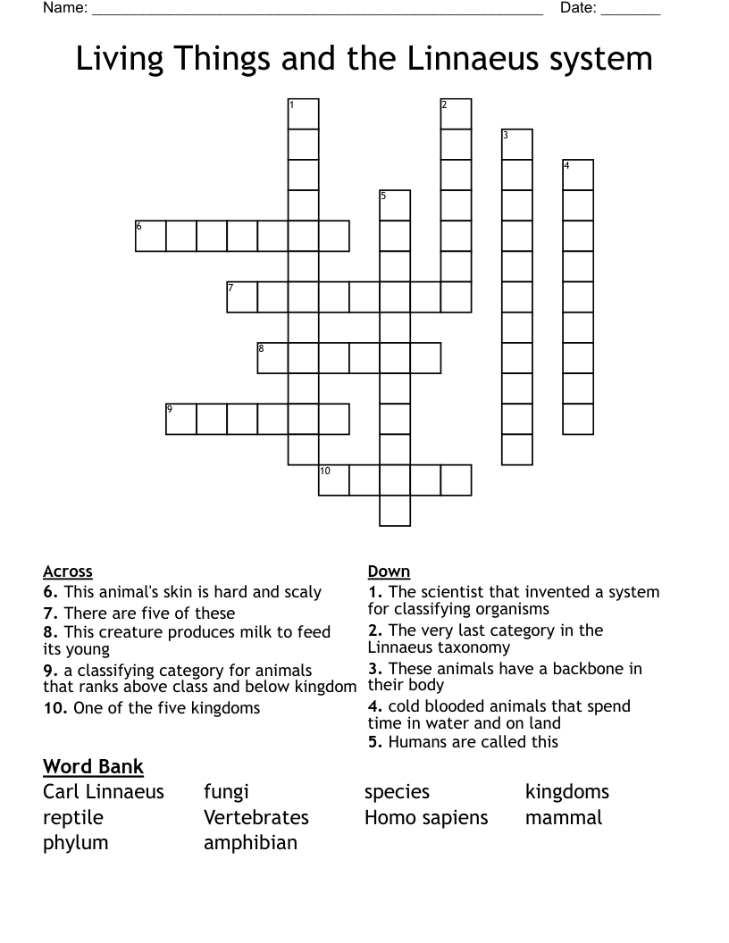 Living Things and the Linnaeus system Crossword