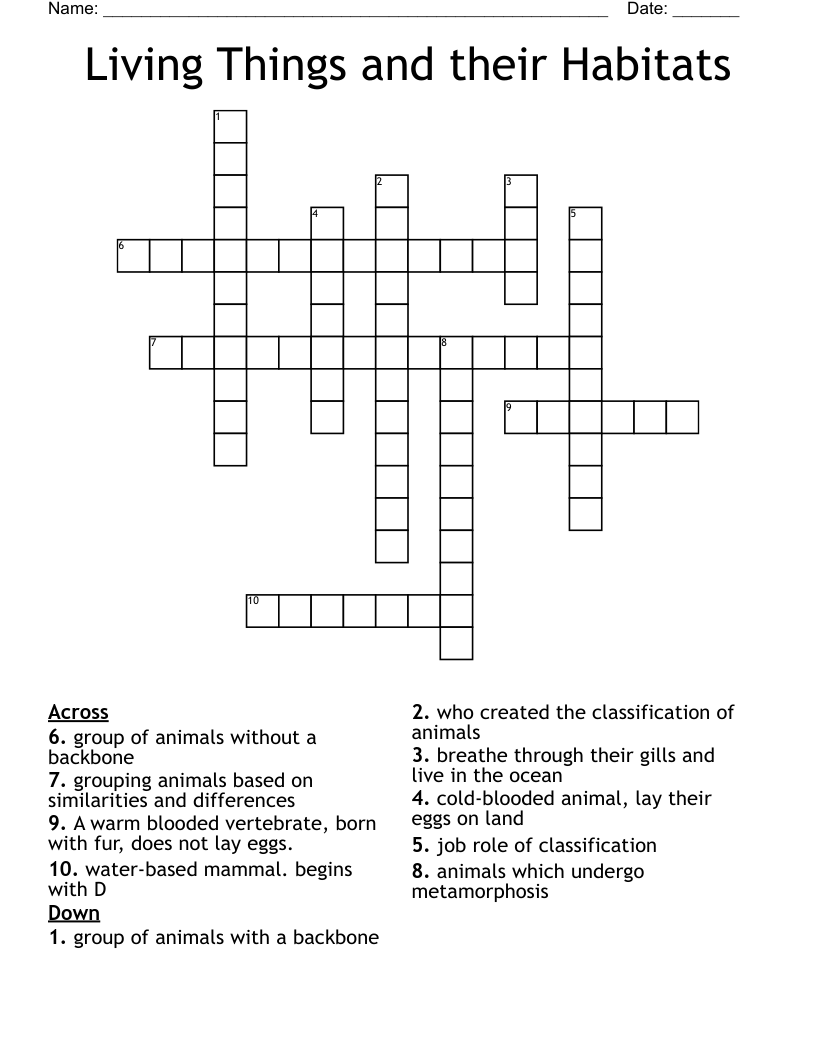 Living Things and their Habitats Crossword