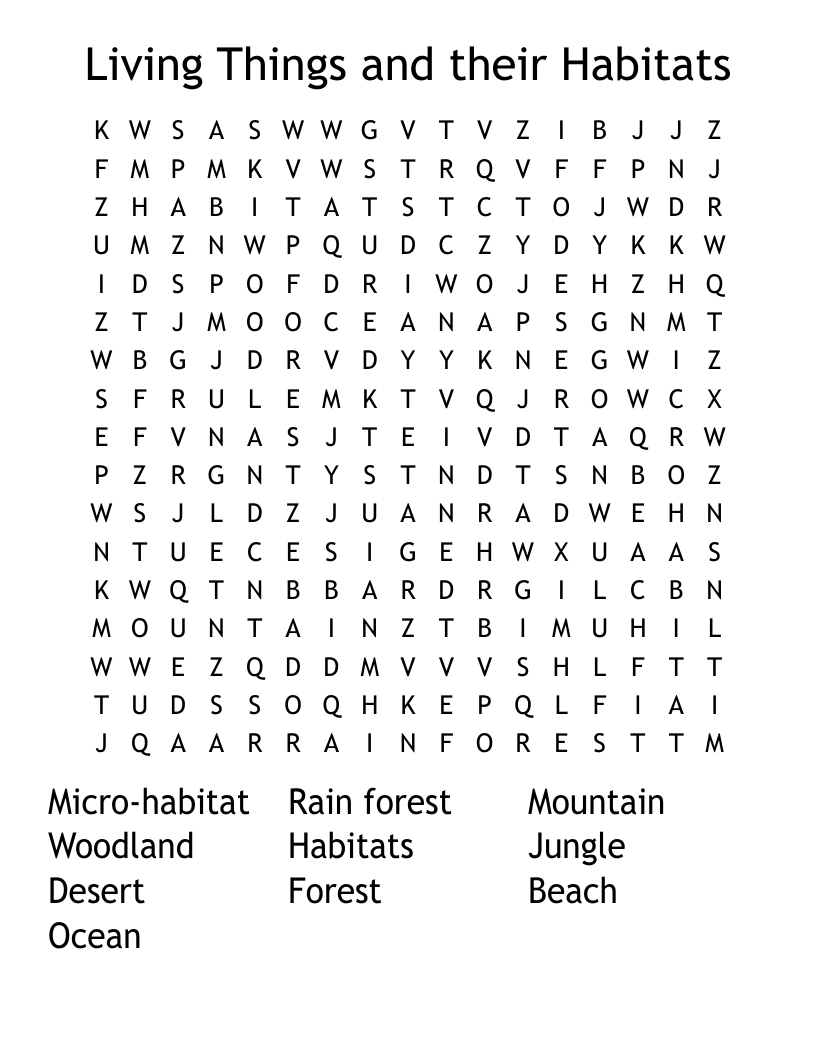 Living Things and their Habitats Word Search