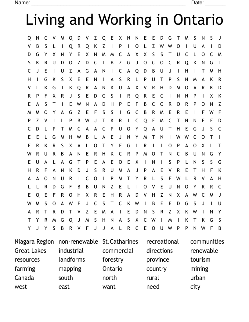 Living and Working in Ontario Word Search