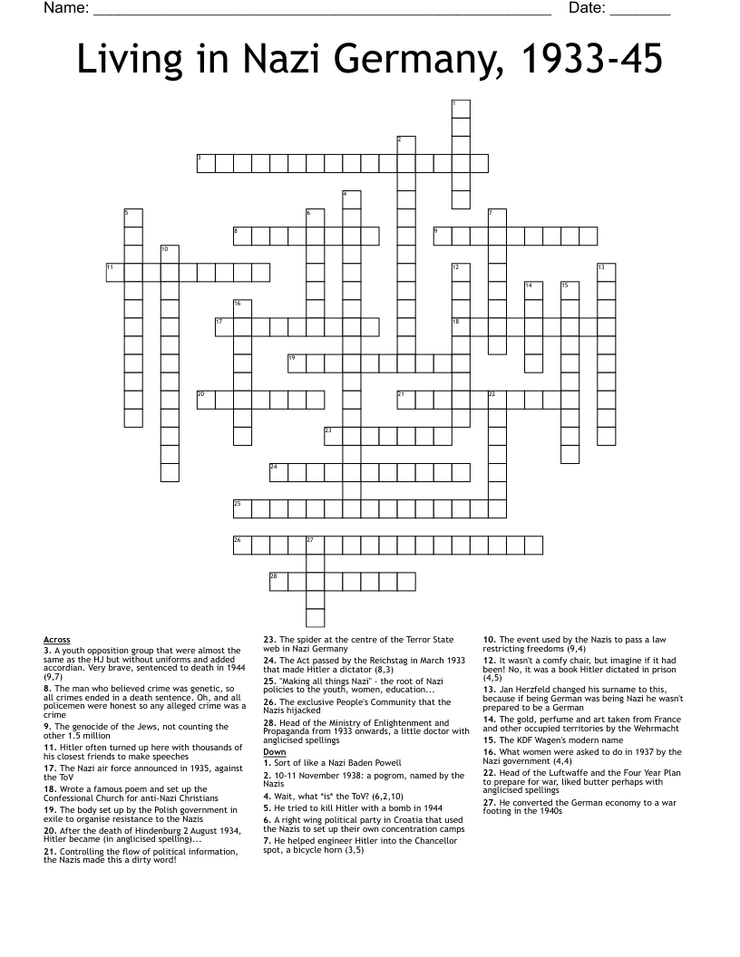 Living in Nazi Germany, 1933-45 Crossword