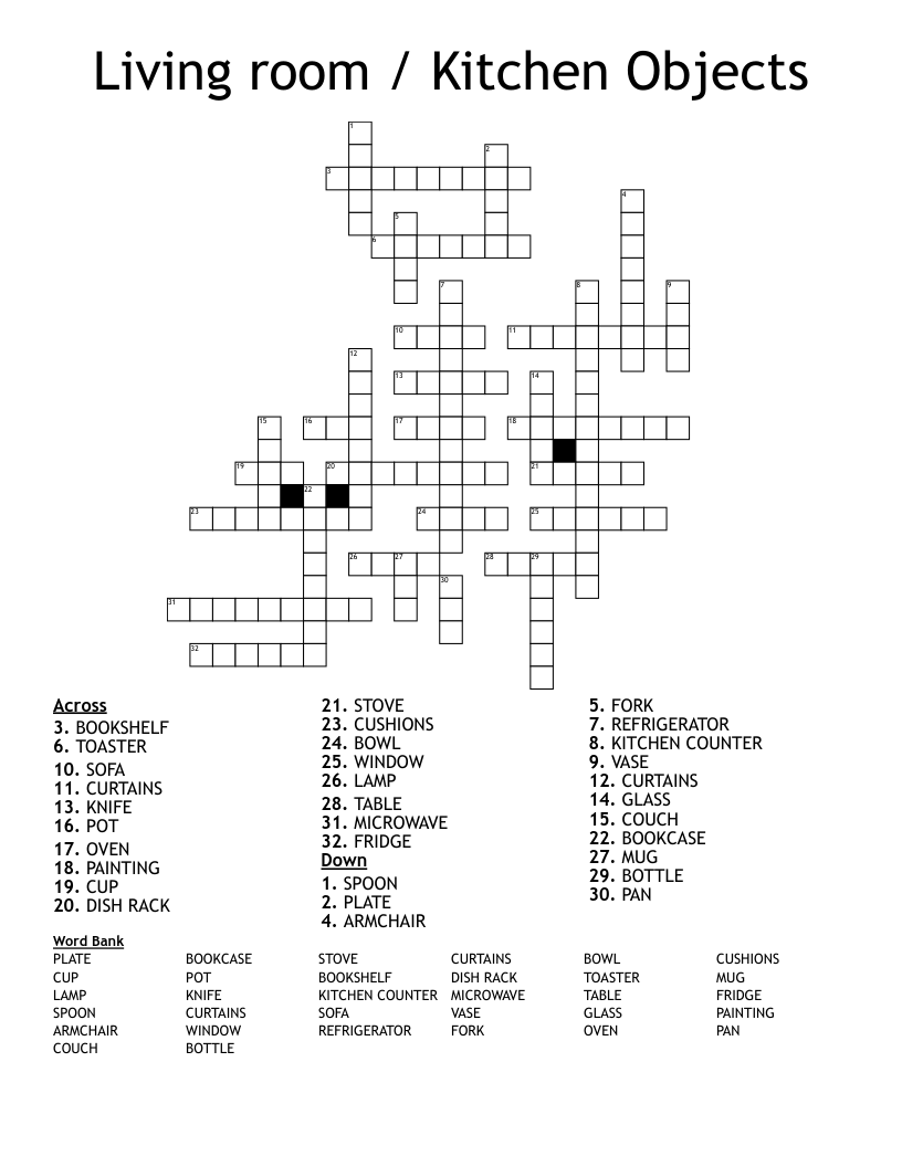 Living room / Kitchen Objects Crossword