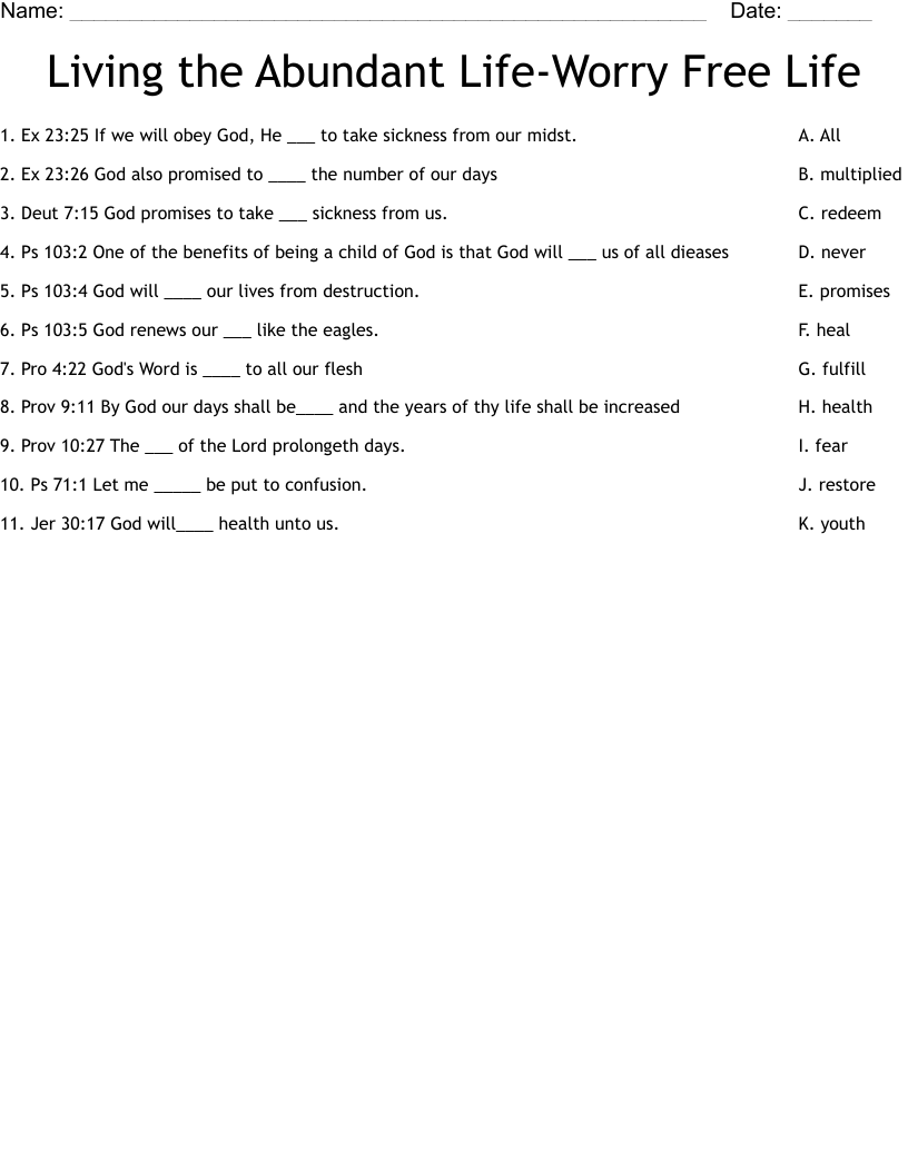 Living the Abundant Life-Worry Free Life Worksheet