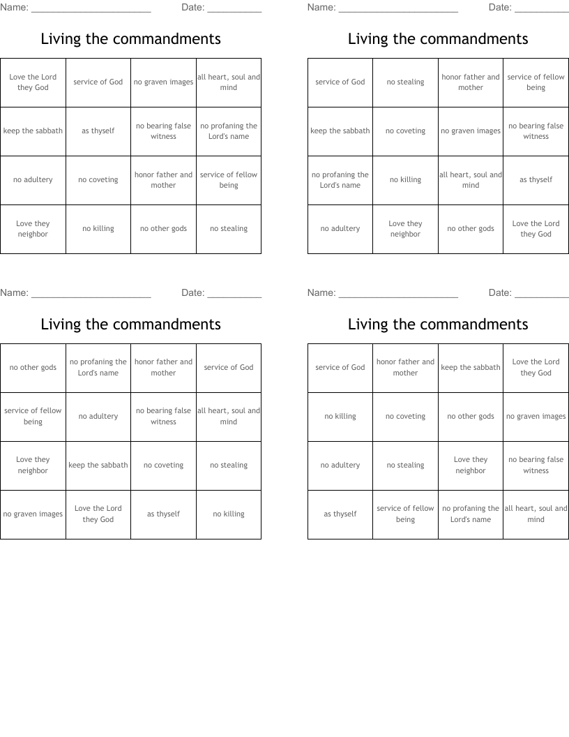 Living the commandments Bingo Cards