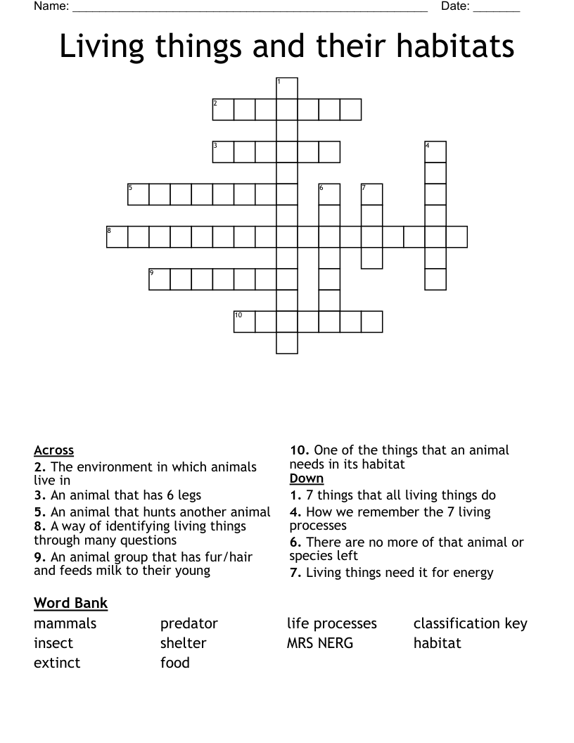 Living things and their habitats Crossword