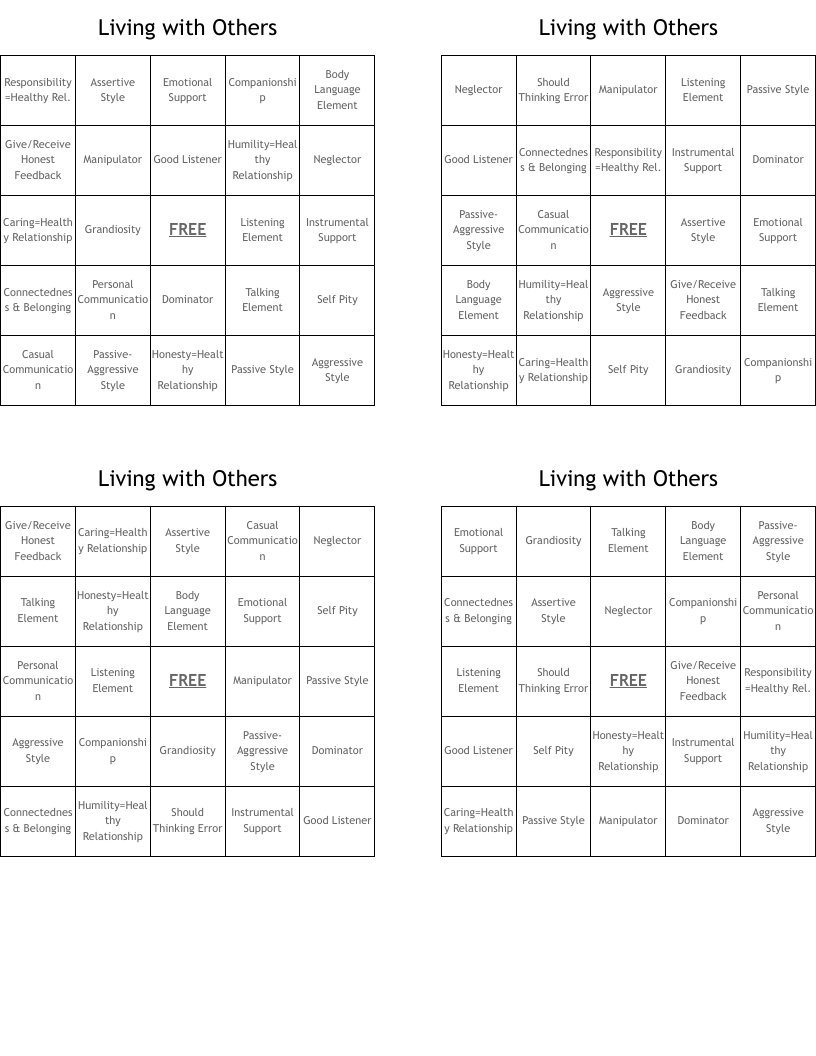 Living with Others Bingo Cards