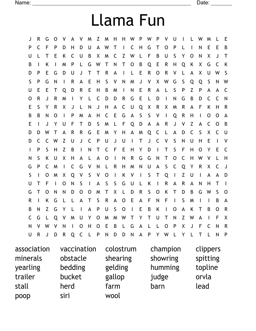 Llama Fun Word Search