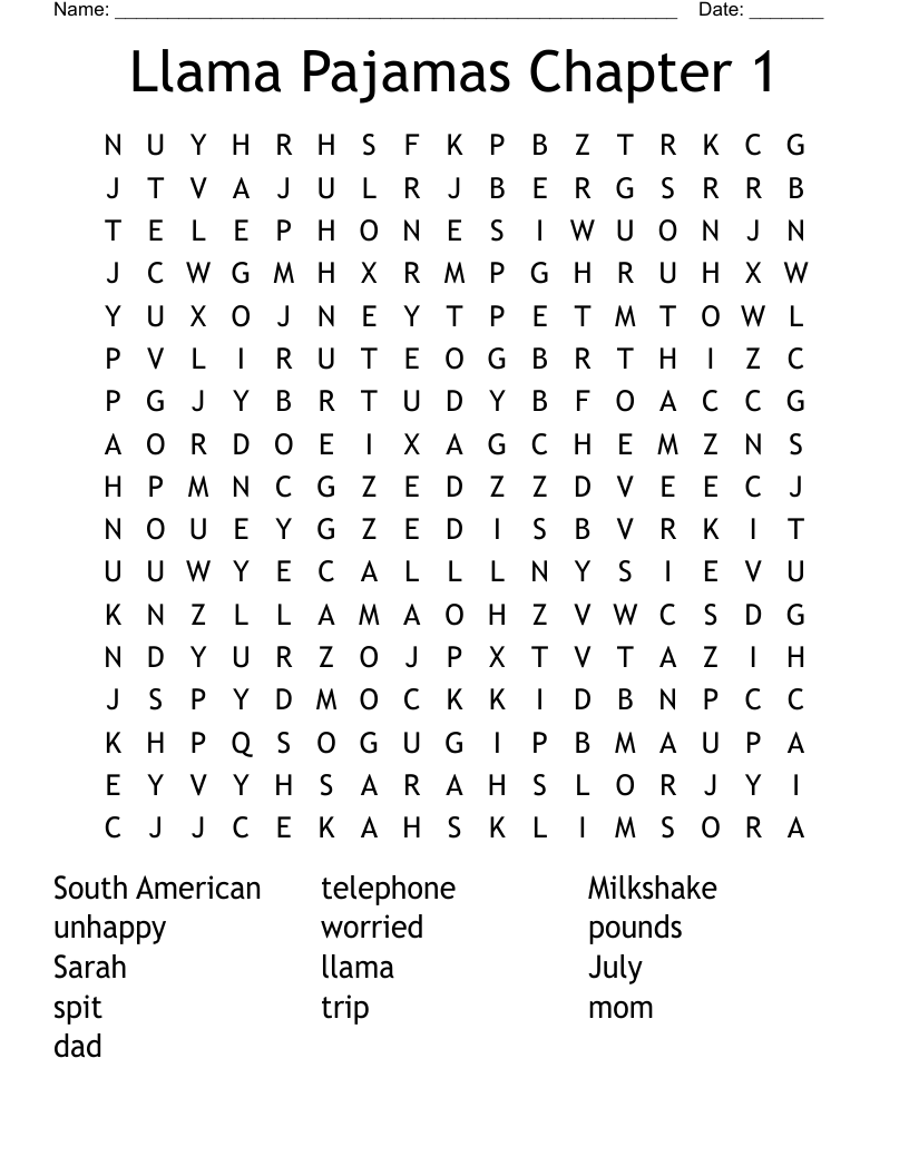 Llama Pajamas Chapter 1 Word Search