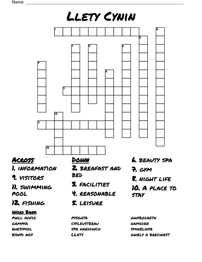 Llety Cynin  Crossword