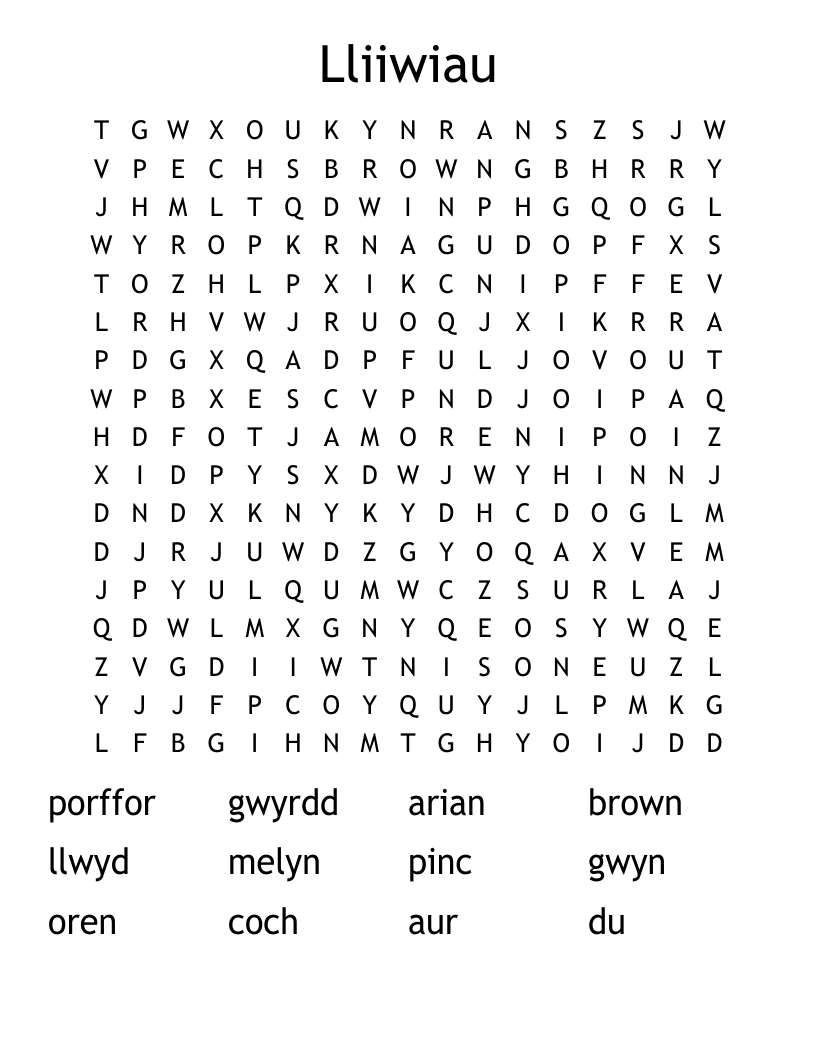Lliiwiau Word Search