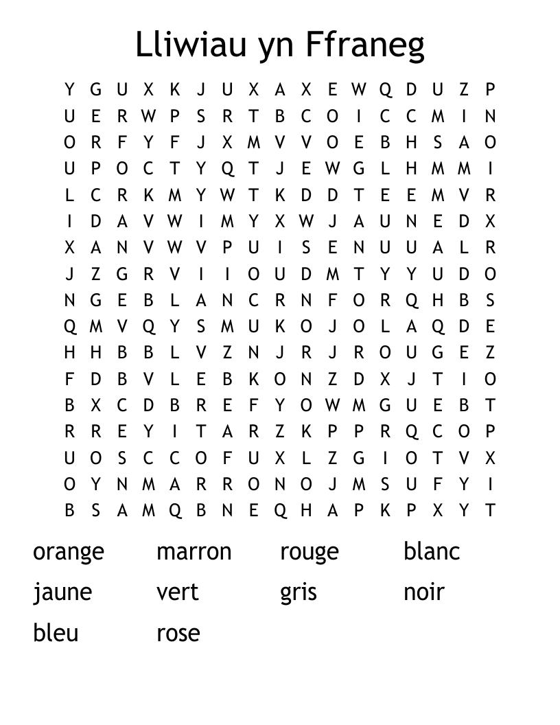 Lliwiau yn Ffraneg Word Search