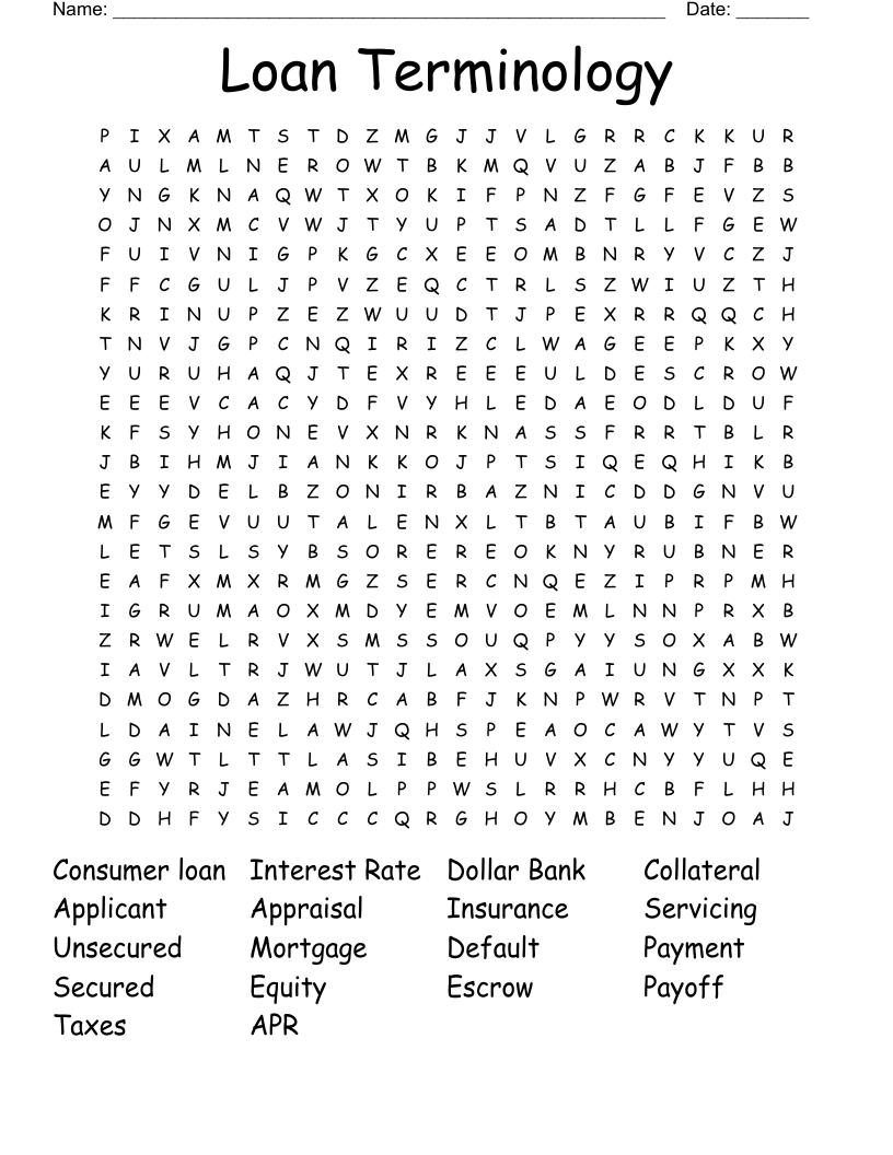 Loan Terminology Word Search