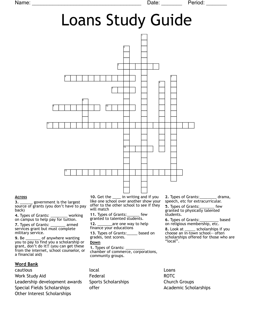 Loans Study Guide Crossword