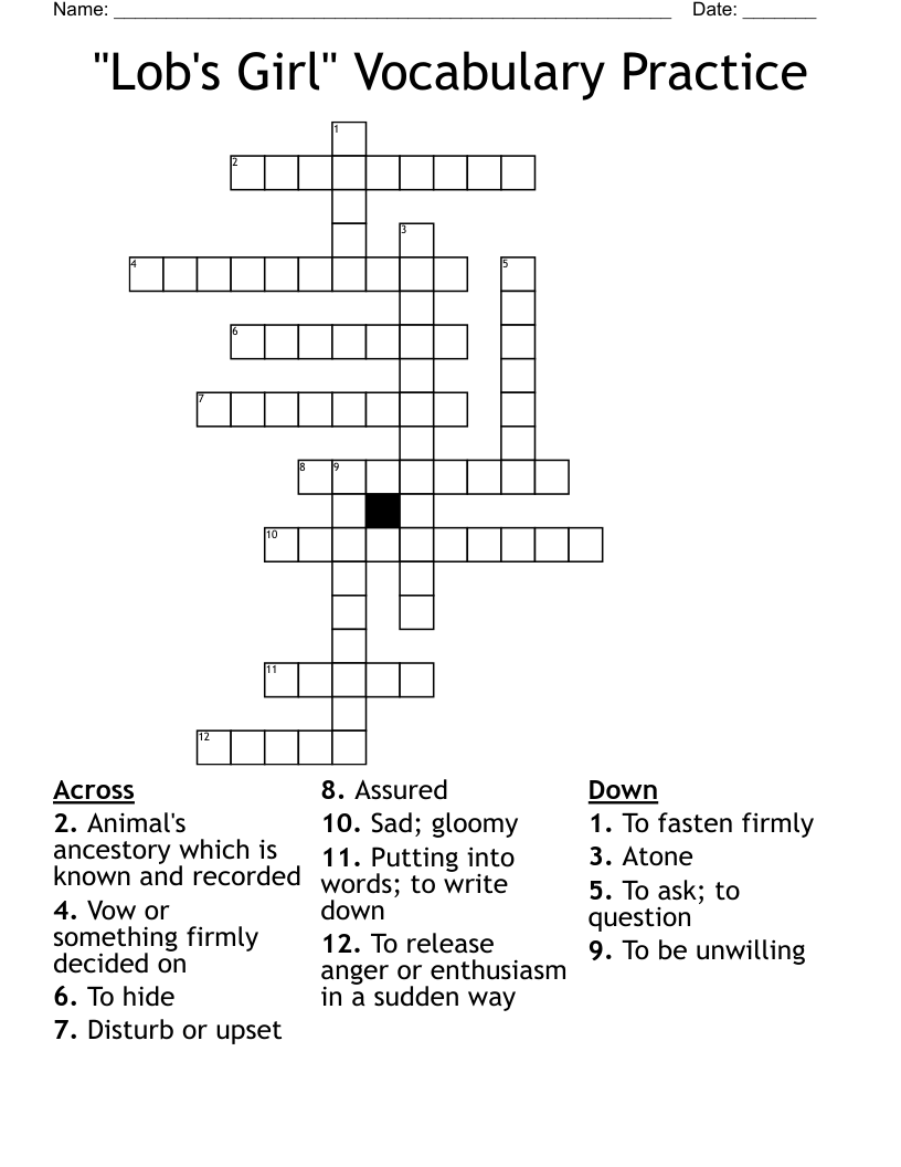 "Lob's Girl" Vocabulary Practice Crossword