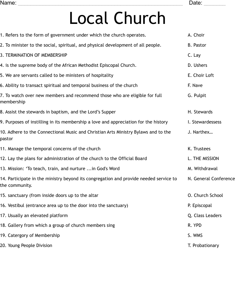 Local Church Worksheet