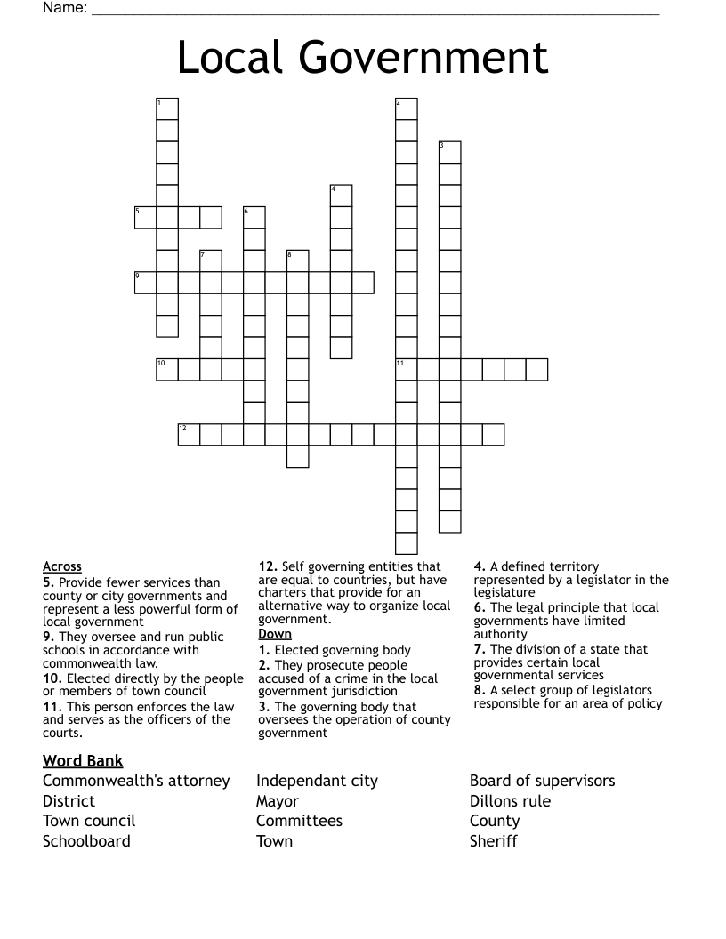 Local Government  Crossword