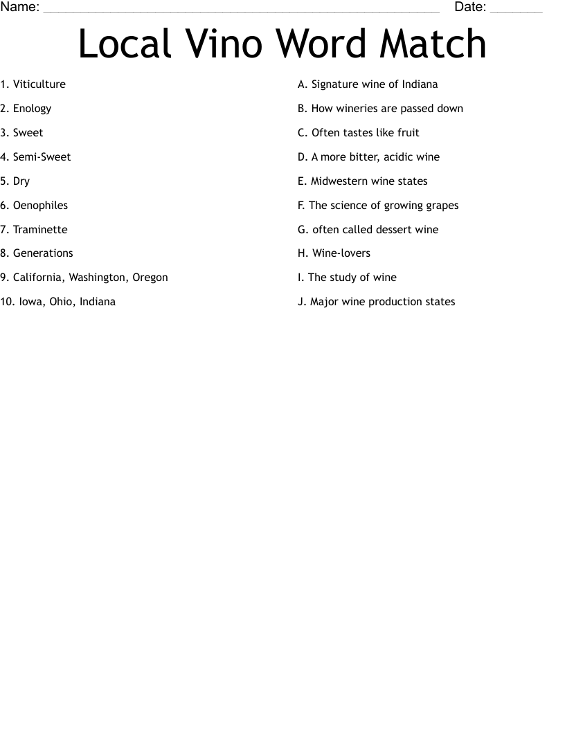 Local Vino Word Match Worksheet