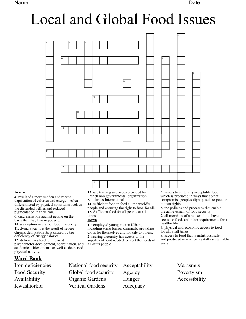 Local and Global Food Issues Crossword