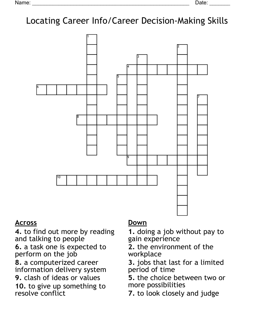 Locating Career Info/Career Decision-Making Skills Crossword
