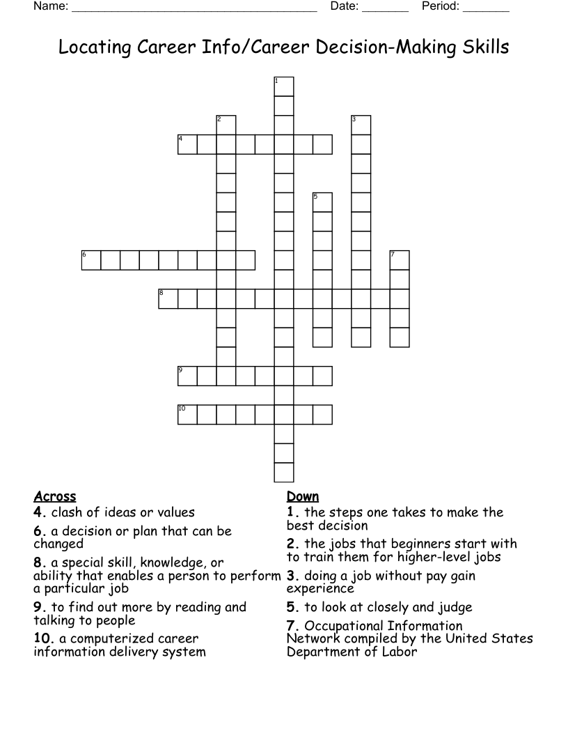 Locating Career Info/Career Decision-Making Skills Crossword