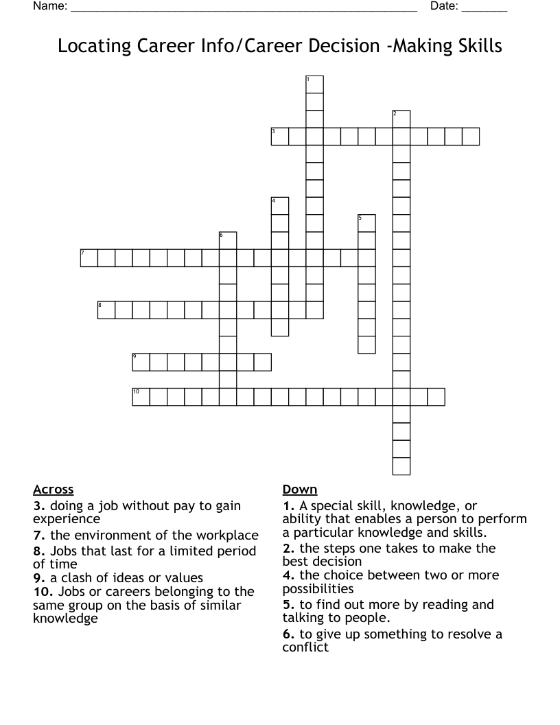 Locating Career Info/Career Decision -Making Skills Crossword