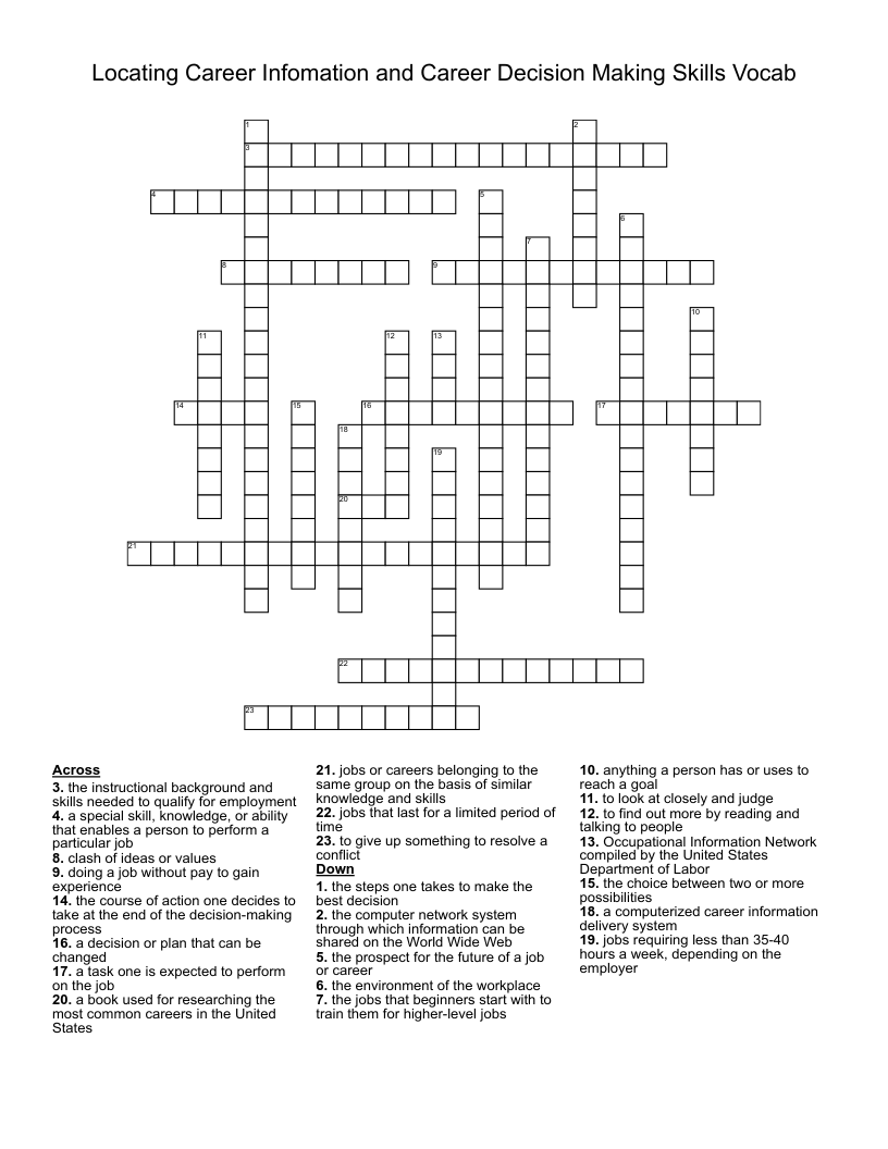 Locating Career Infomation and Career Decision Making Skills Vocab Crossword