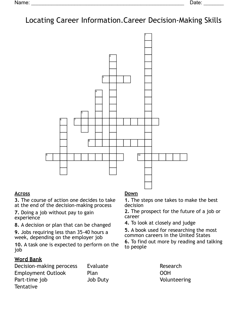 Locating Career Information.Career Decision-Making Skills Crossword