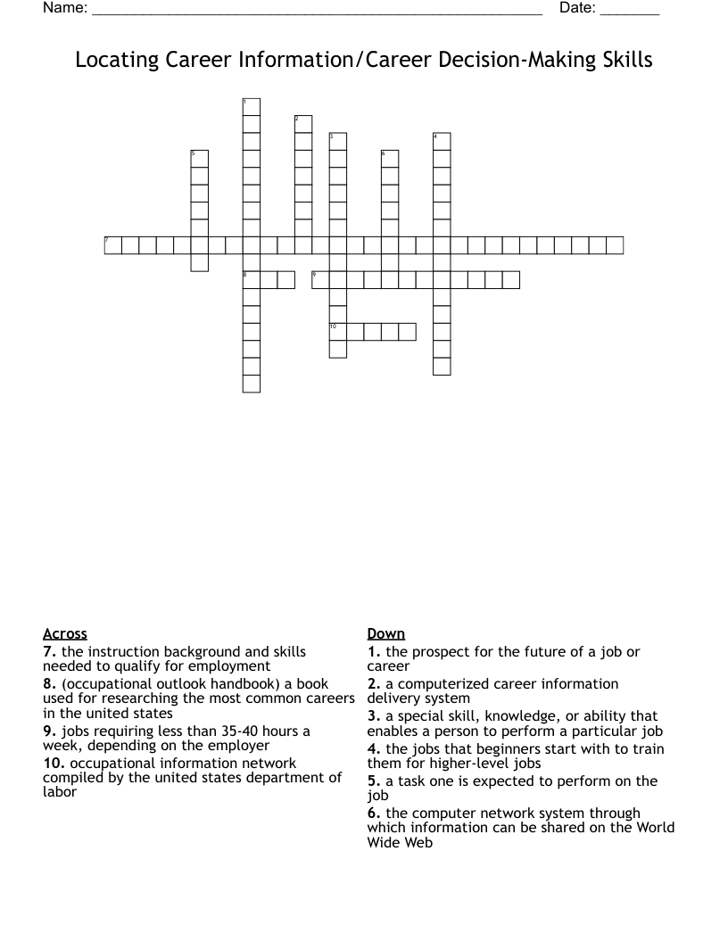Locating Career Information/Career Decision-Making Skills Crossword