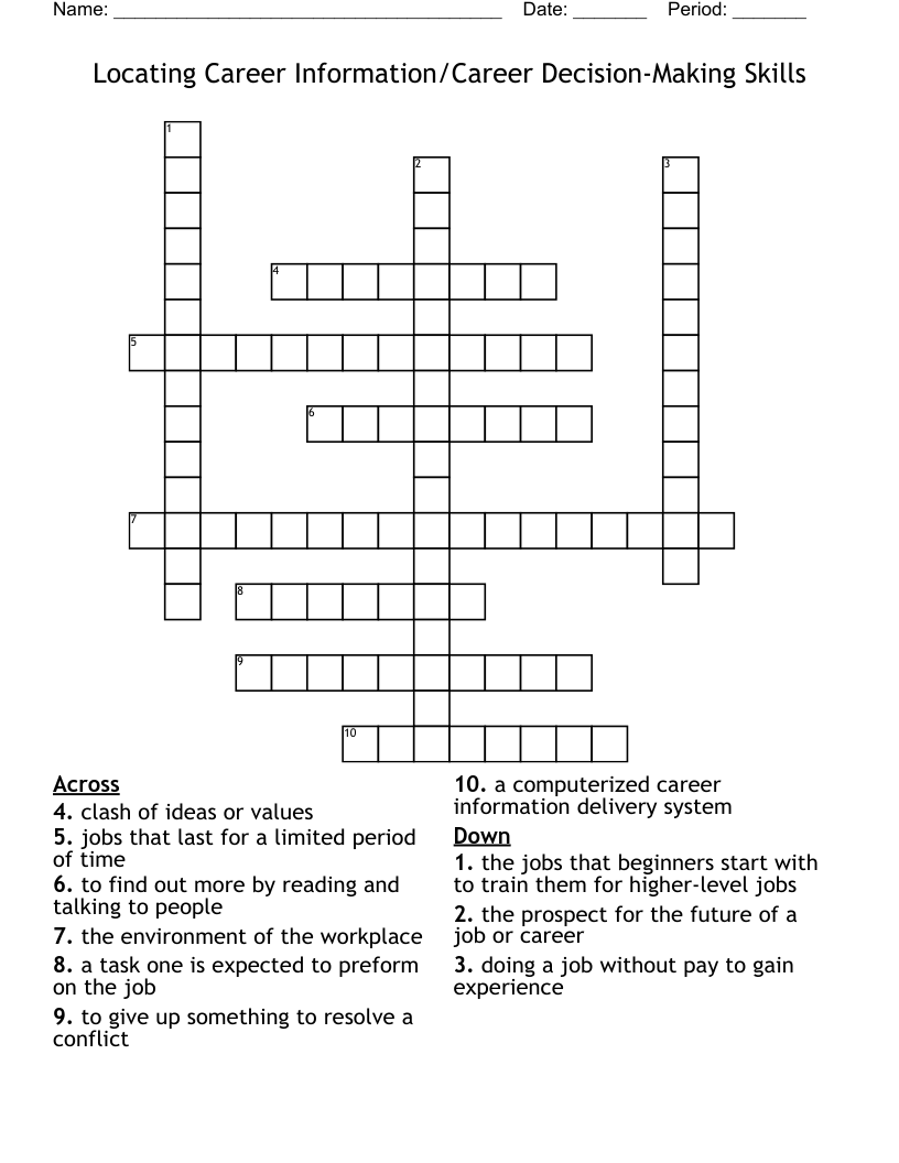 Locating Career Information/Career Decision-Making Skills Crossword