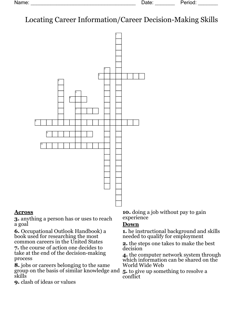 Locating Career Information/Career Decision-Making Skills Crossword