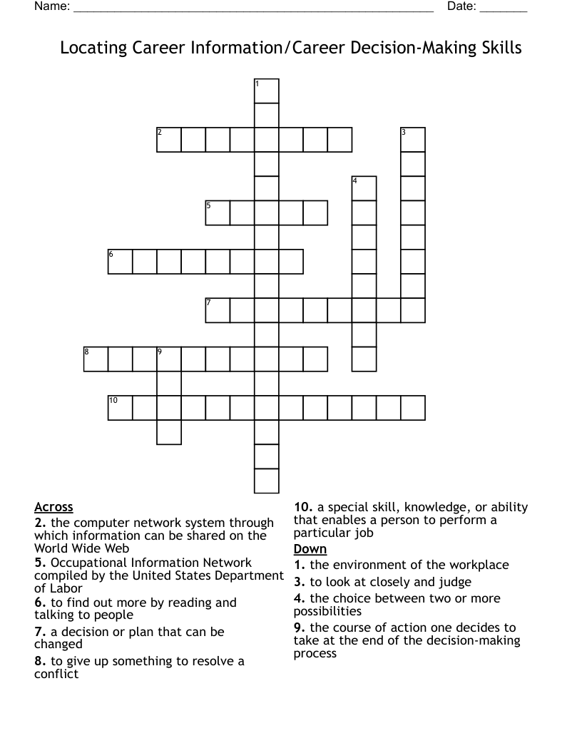 Locating Career Information/Career Decision-Making Skills Crossword