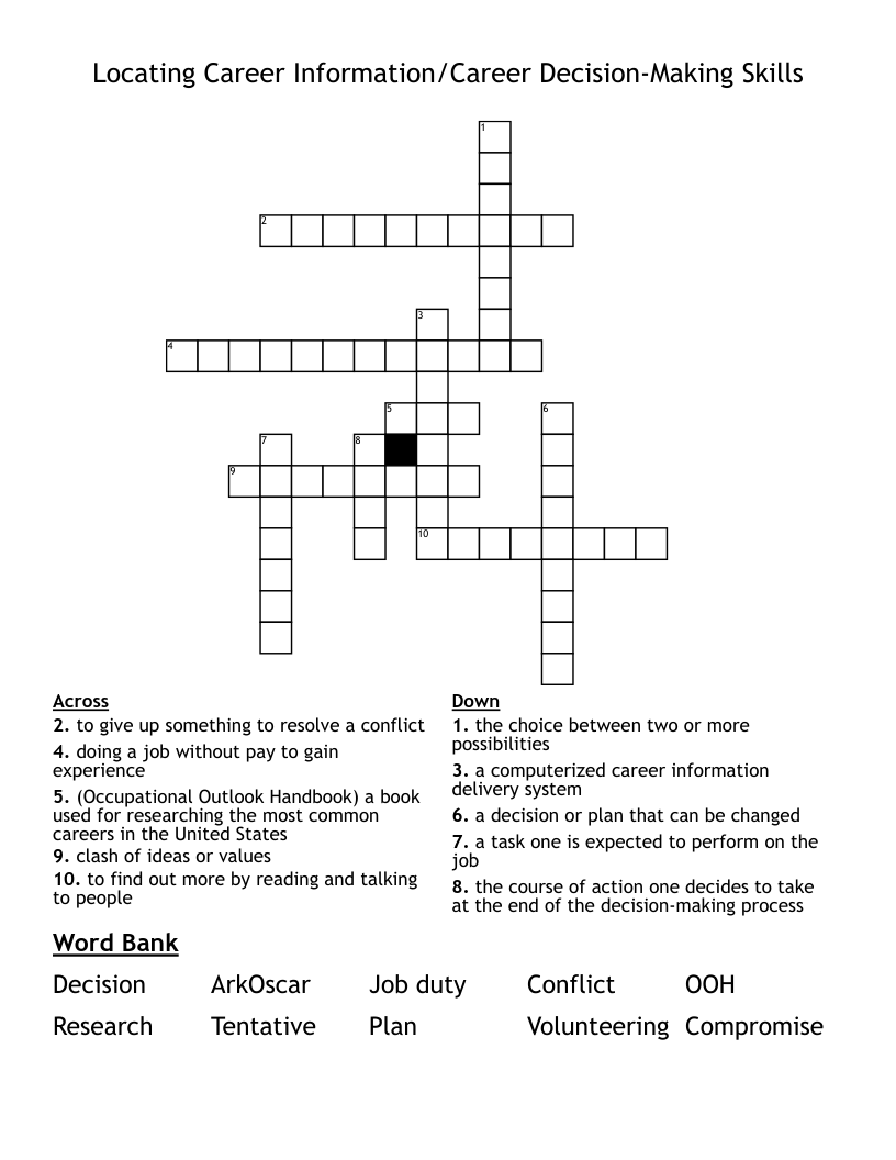 Locating Career Information/Career Decision-Making Skills Crossword