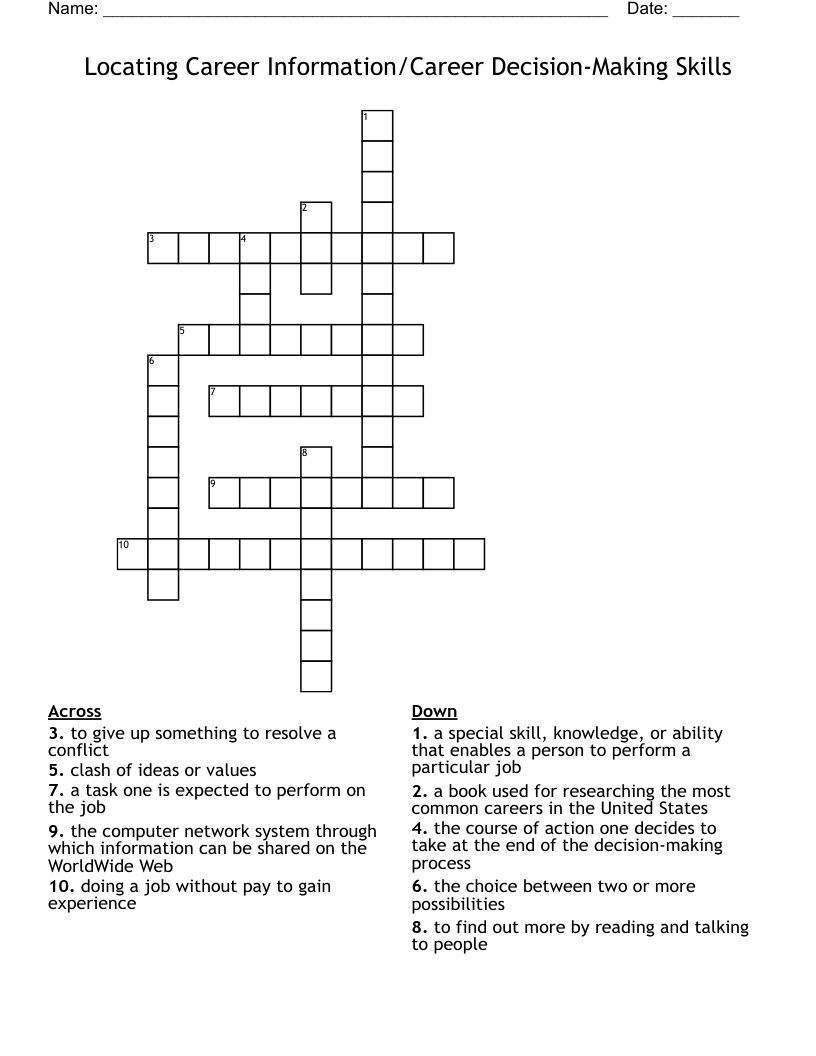Locating Career Information/Career Decision-Making Skills Crossword