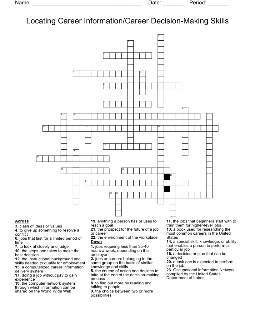 Locating Career Information/Career Decision-Making Skills Crossword
