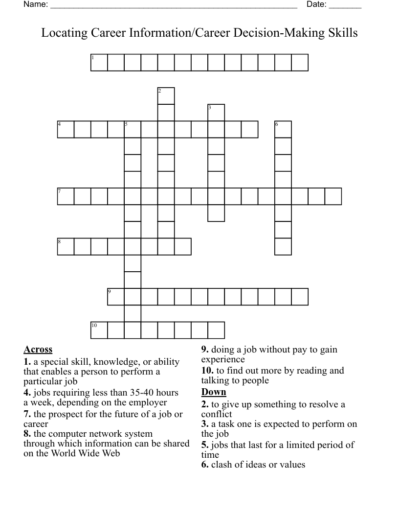 Locating Career Information/Career Decision-Making Skills Crossword