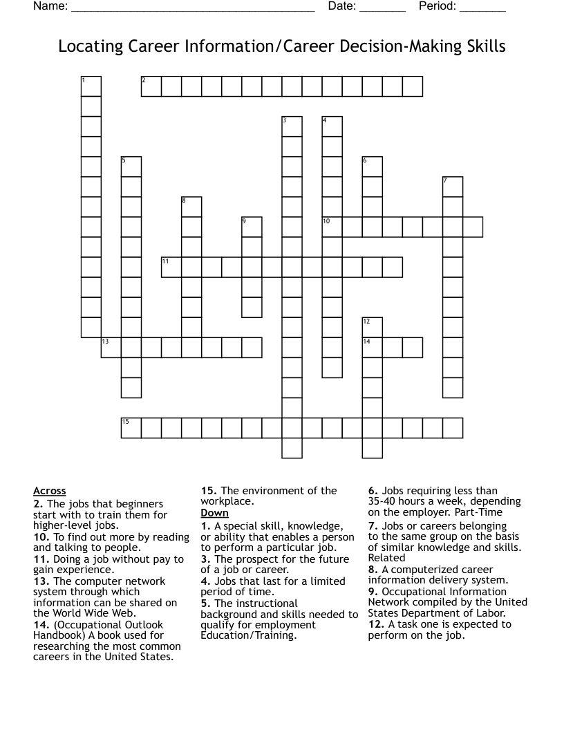 Locating Career Information/Career Decision-Making Skills Crossword