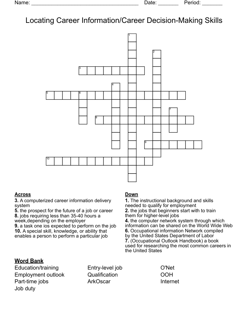 Locating Career Information/Career Decision-Making Skills Crossword