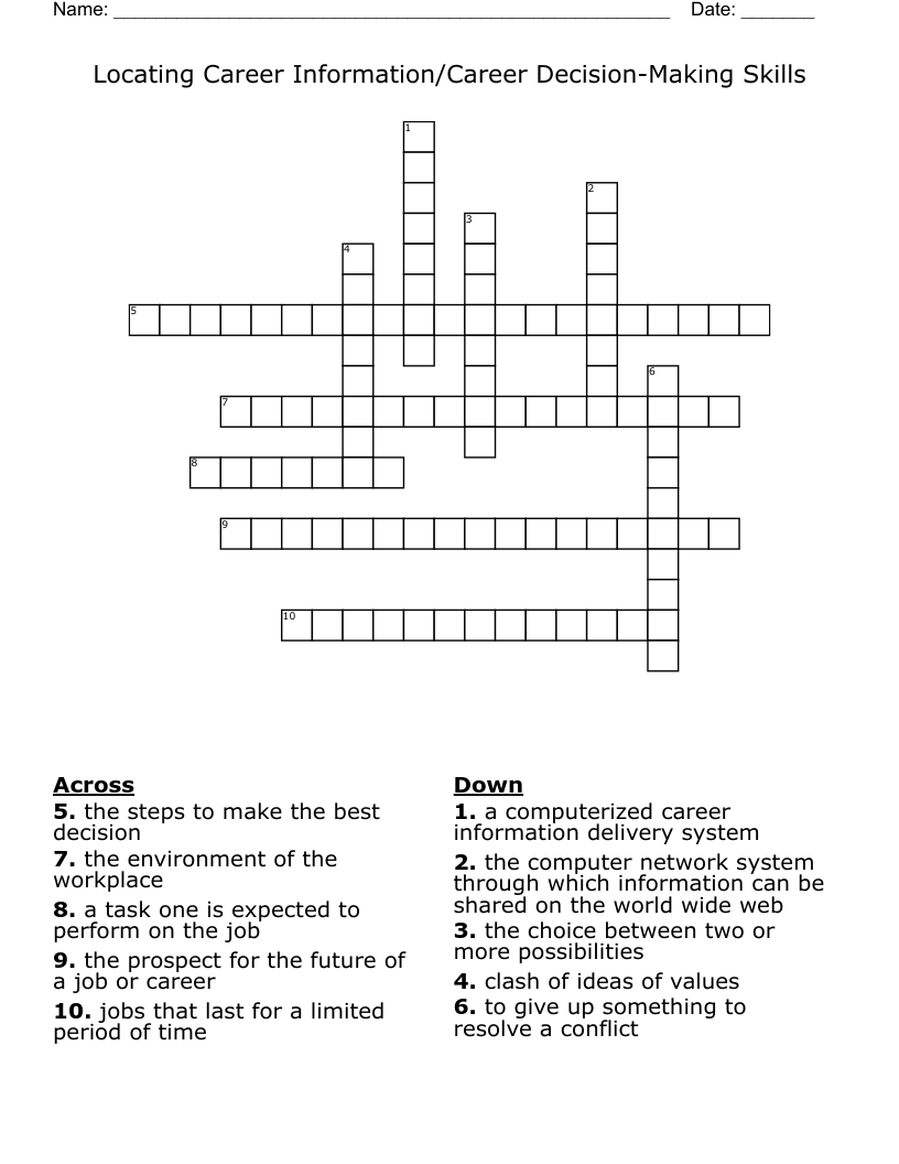 Locating Career Information/Career Decision-Making Skills Crossword