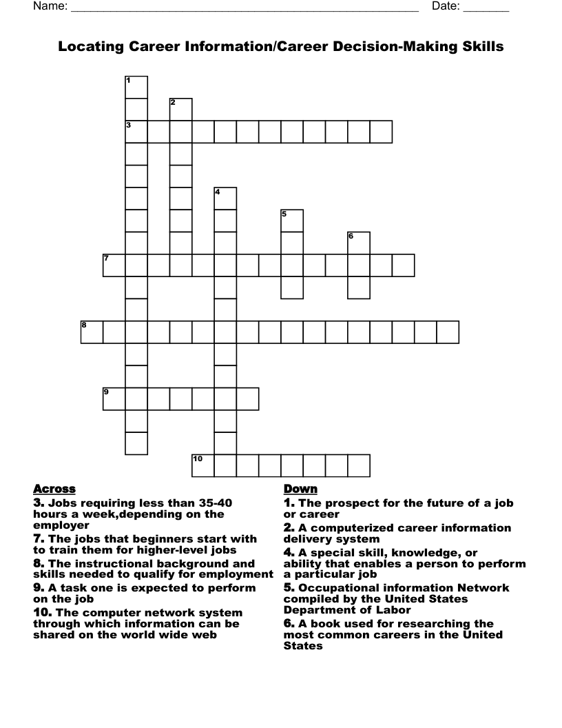 Locating Career Information/Career Decision-Making Skills Crossword
