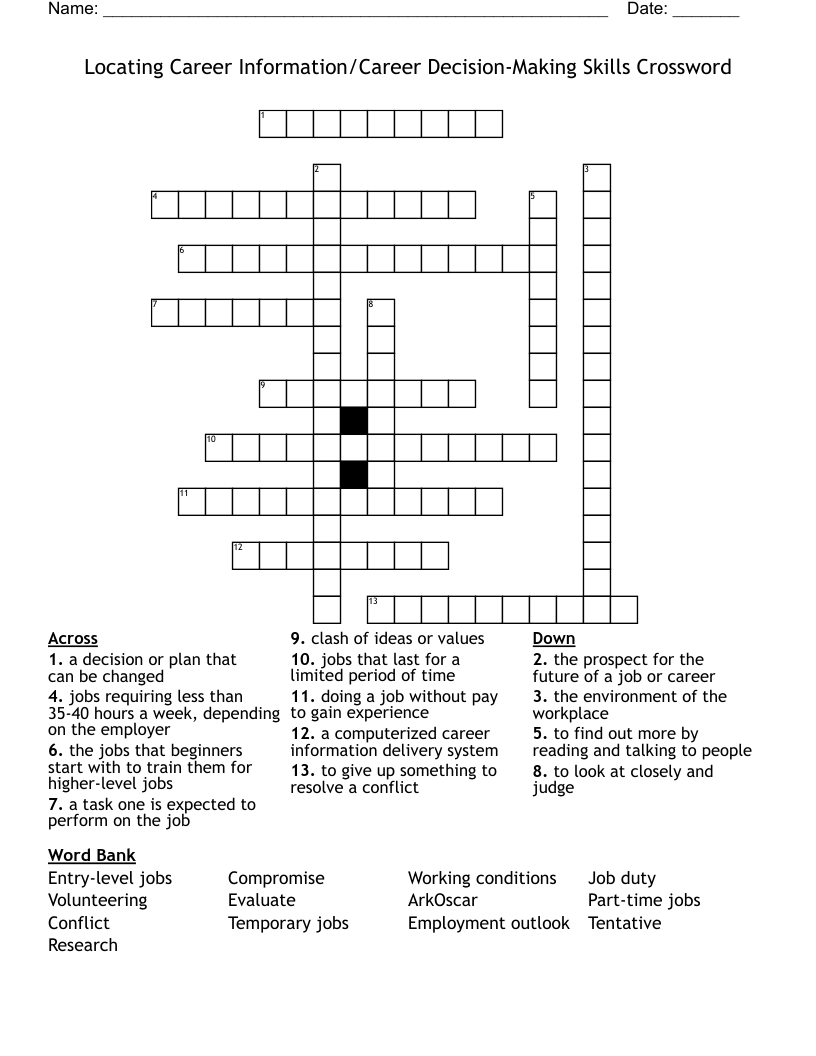 Locating Career Information/Career Decision-Making Skills Crossword