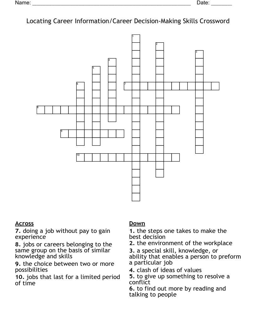 Locating Career Information/Career Decision-Making Skills Crossword